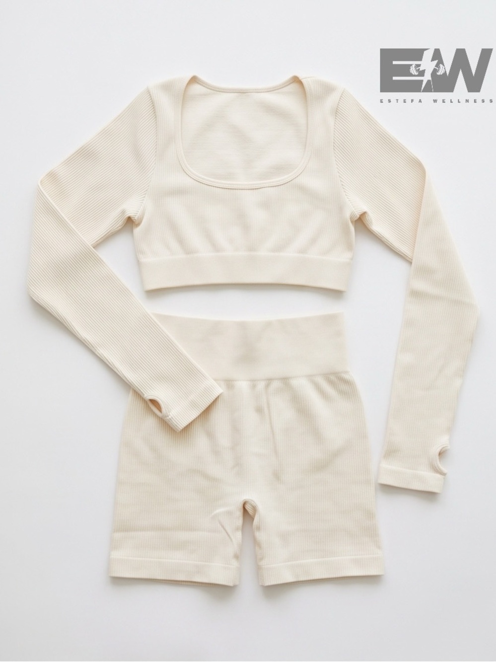 Ribbed Long Sleeve Crop Sports Bra & High-Waist Shorts Set - Cream